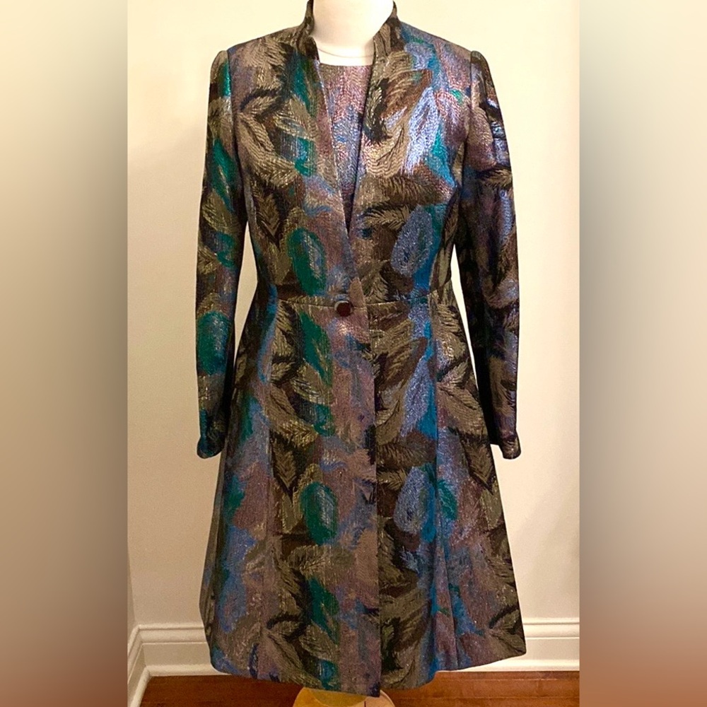 Carlisle Collection Green Blue Metallic Leaf Print 6 Cocktail Dress Jacket Set